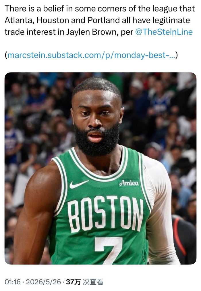 老鹰火箭开拓者有意交易杰伦布朗，剩余三年合同超1.8亿